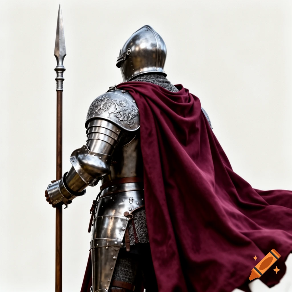 A knight in full silver plate armor and a flowing red cape stands from behind, holding a spear, against a plain white background.