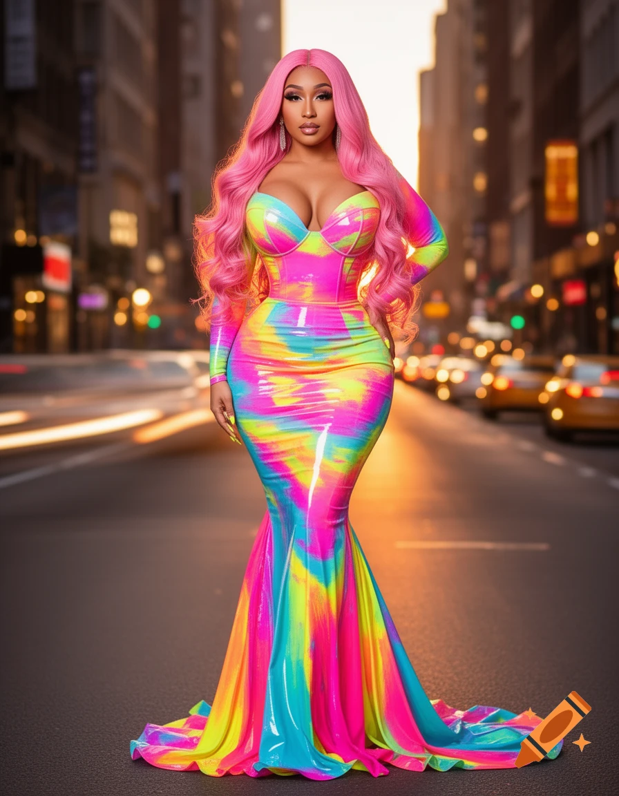 A woman with long pink hair wears a form-fitting, vibrant tie-dye mermaid gown, standing on a city street at dusk.