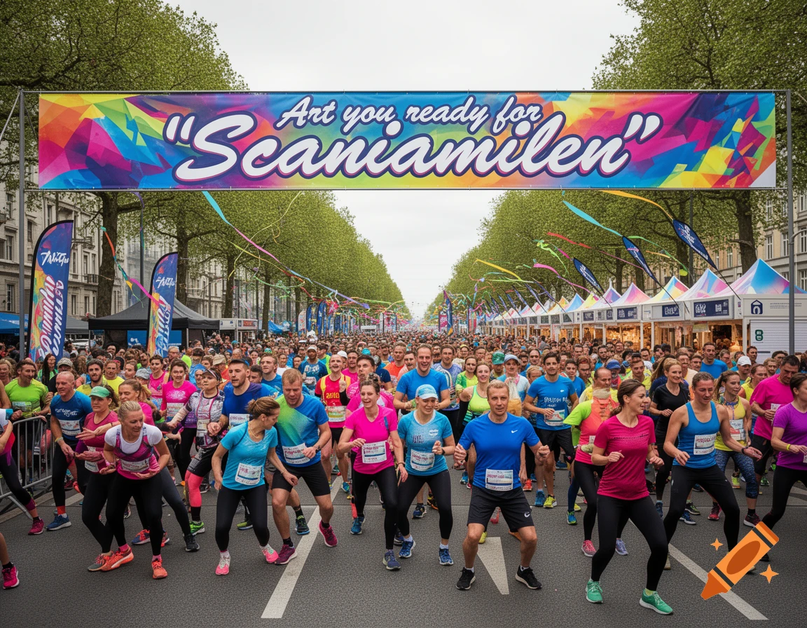 A large crowd of people in athletic wear gather at the start of a running race under a banner that reads "Art you ready for Scaniamilen".