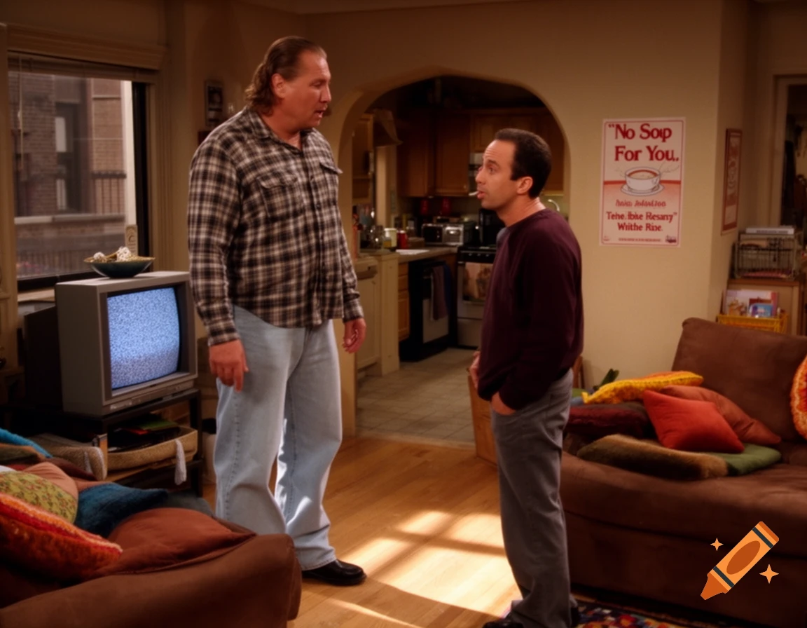Two men stand in a living room, one tall in a plaid shirt, the other shorter in a maroon shirt. A poster on the wall reads "No Sop For You." with gibberish text below.