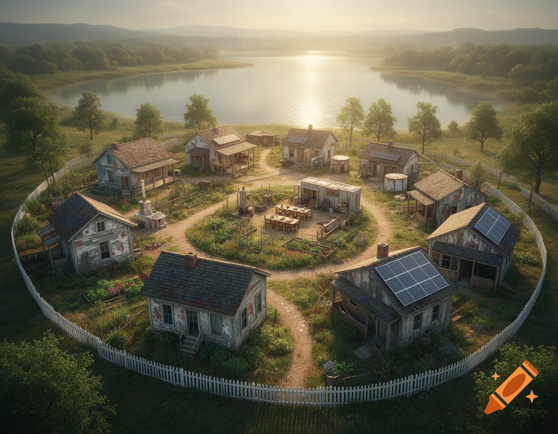 Aerial view of a circular village by a lake, featuring rundown houses with solar panels and a central garden, bathed in warm sunlight.