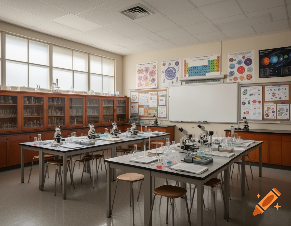 A sterile science classroom filled with microscopes, beakers, and lab equipment on tables, and educational posters on the walls.