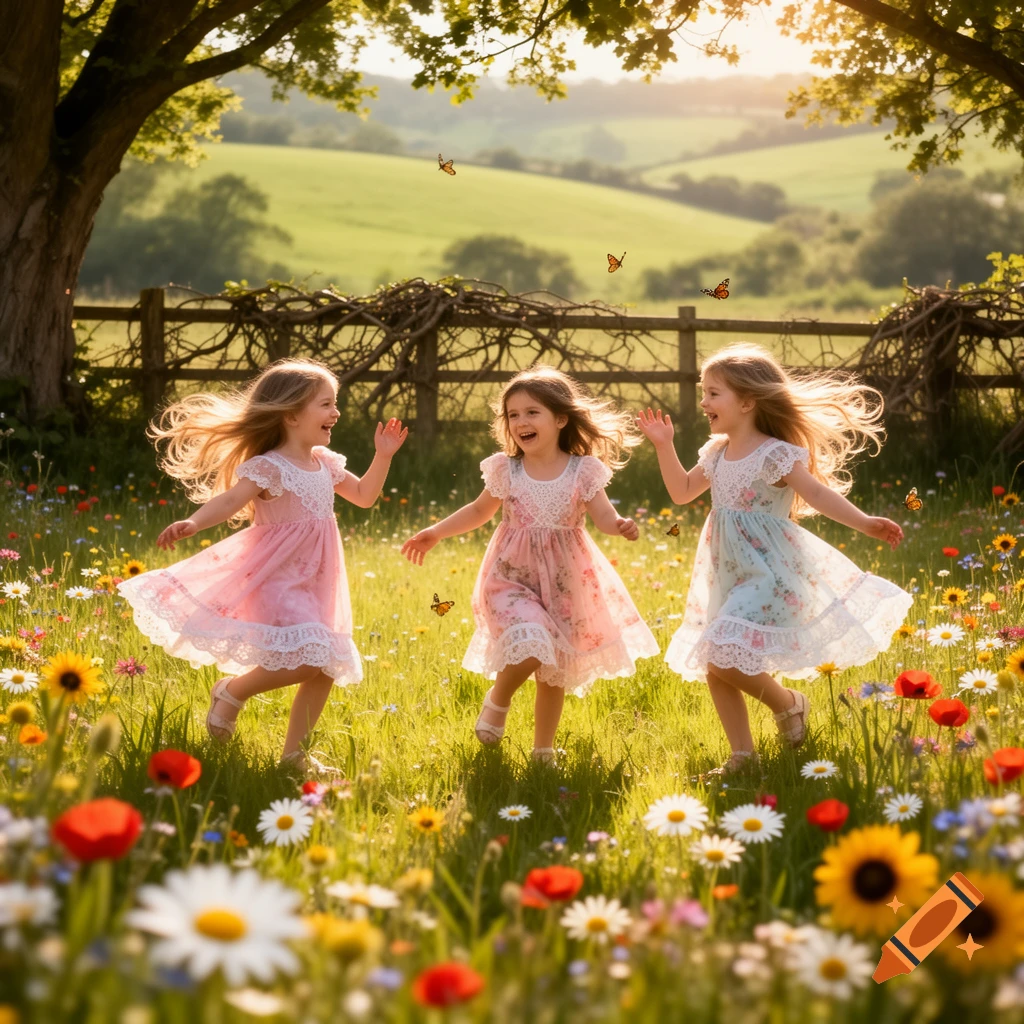 Three laughing girls run through a sunny wildflower field with butterflies. Photorealistic.
