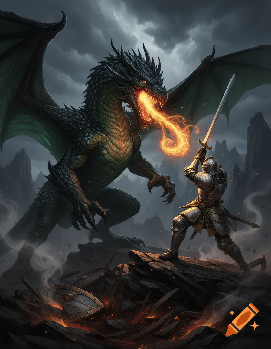 A knight in shining armor bravely confronts a fire-breathing dragon on a rocky, fiery battlefield under a stormy sky.