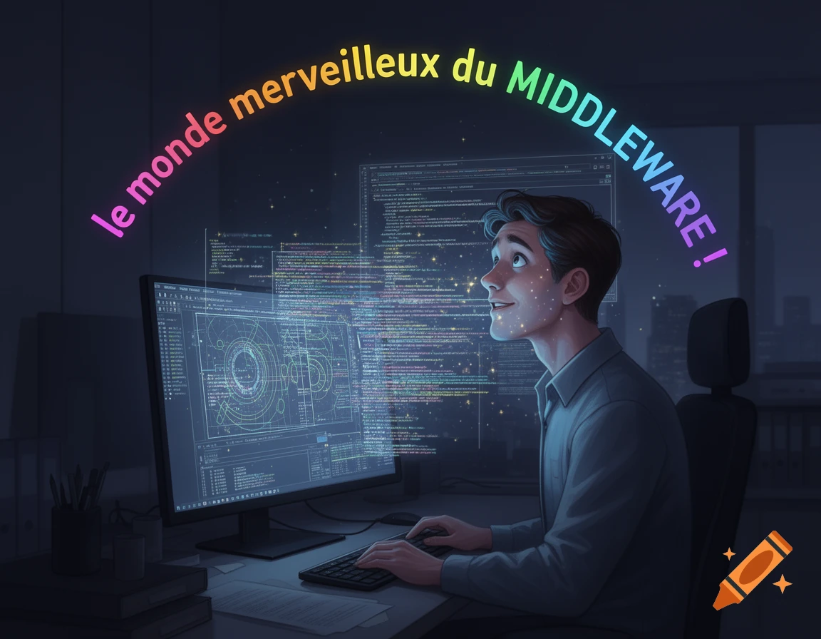 An illustrated man at a computer desk at night, looking up at glowing code and the arcing rainbow text "le monde merveilleux du MIDDLEWARE!"