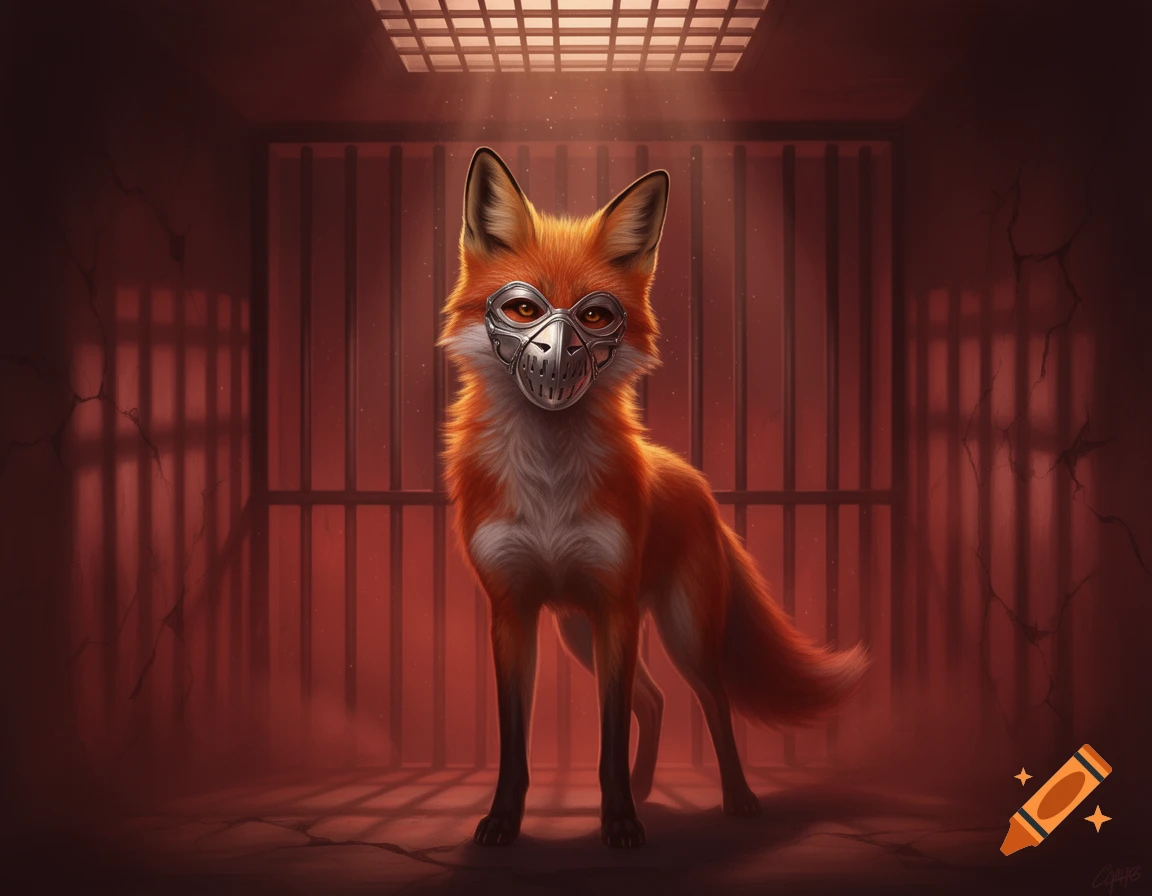 A red fox wearing a metallic Hannibal Lecter-style mask stands in a dimly lit prison cell with red walls.