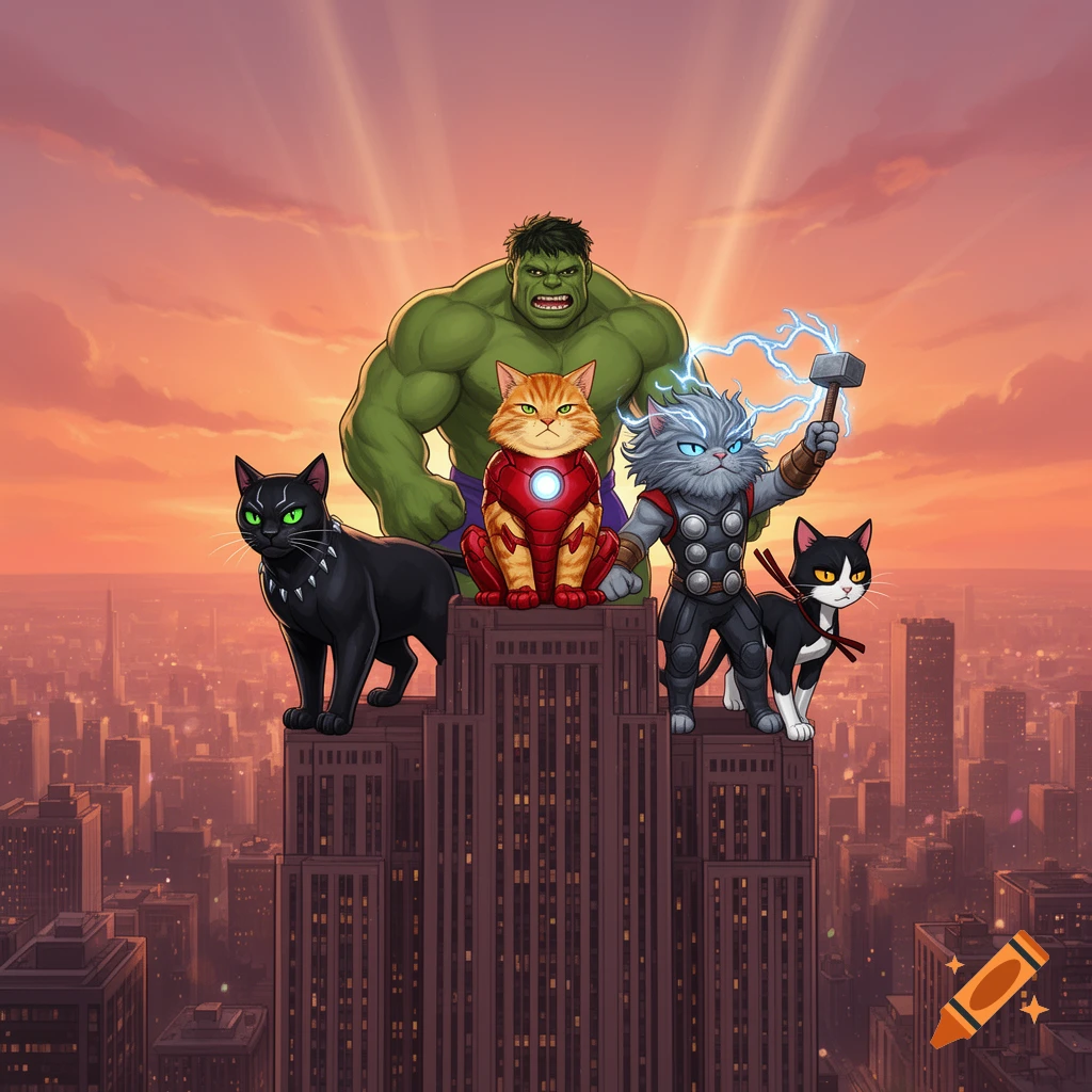 Cartoon cats as Avengers superheroes (Black Panther, Iron Man, Thor, Hulk) stand on a skyscraper overlooking a city at sunset.