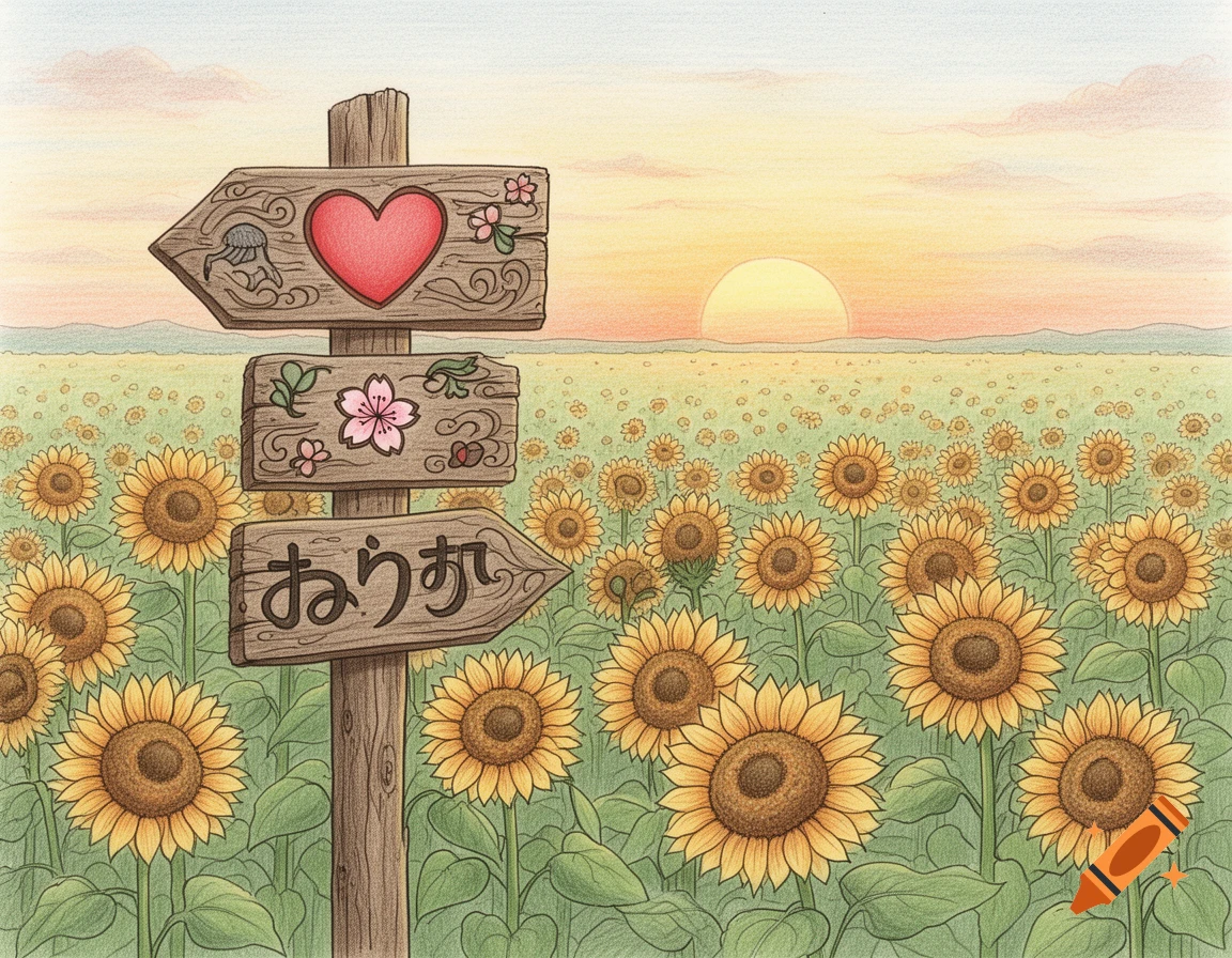 A colorful drawn illustration of a wooden signpost with a heart and Japanese text in a vast sunflower field at sunset.