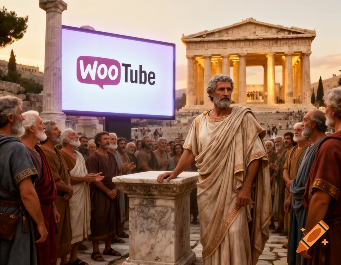 Pericles addresses a crowd in ancient Athens with a large screen displaying the 'WooTube' logo behind him.