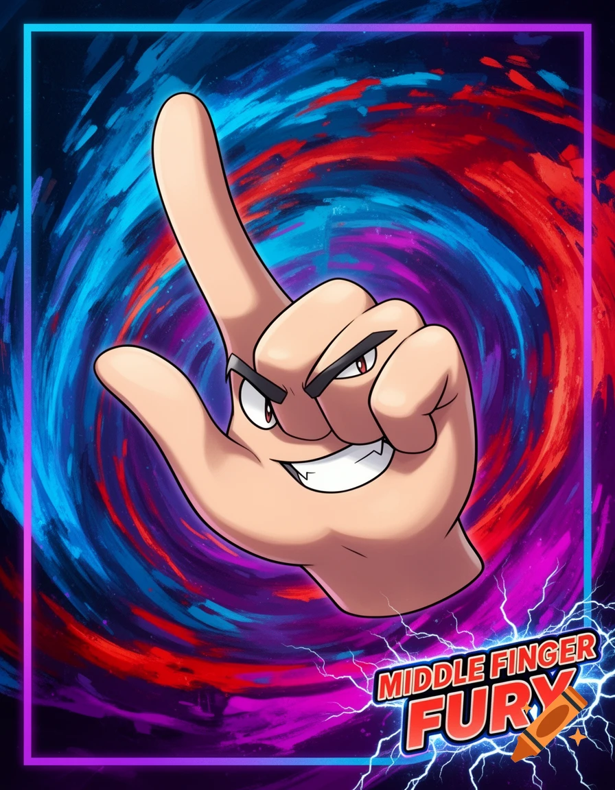 A stylized cartoon hand forming a "loser" sign, with an angry face, set against a swirling blue and red background, in a card frame. The text "MIDDLE FINGER FURY" is at the bottom right, with lightning bolts.