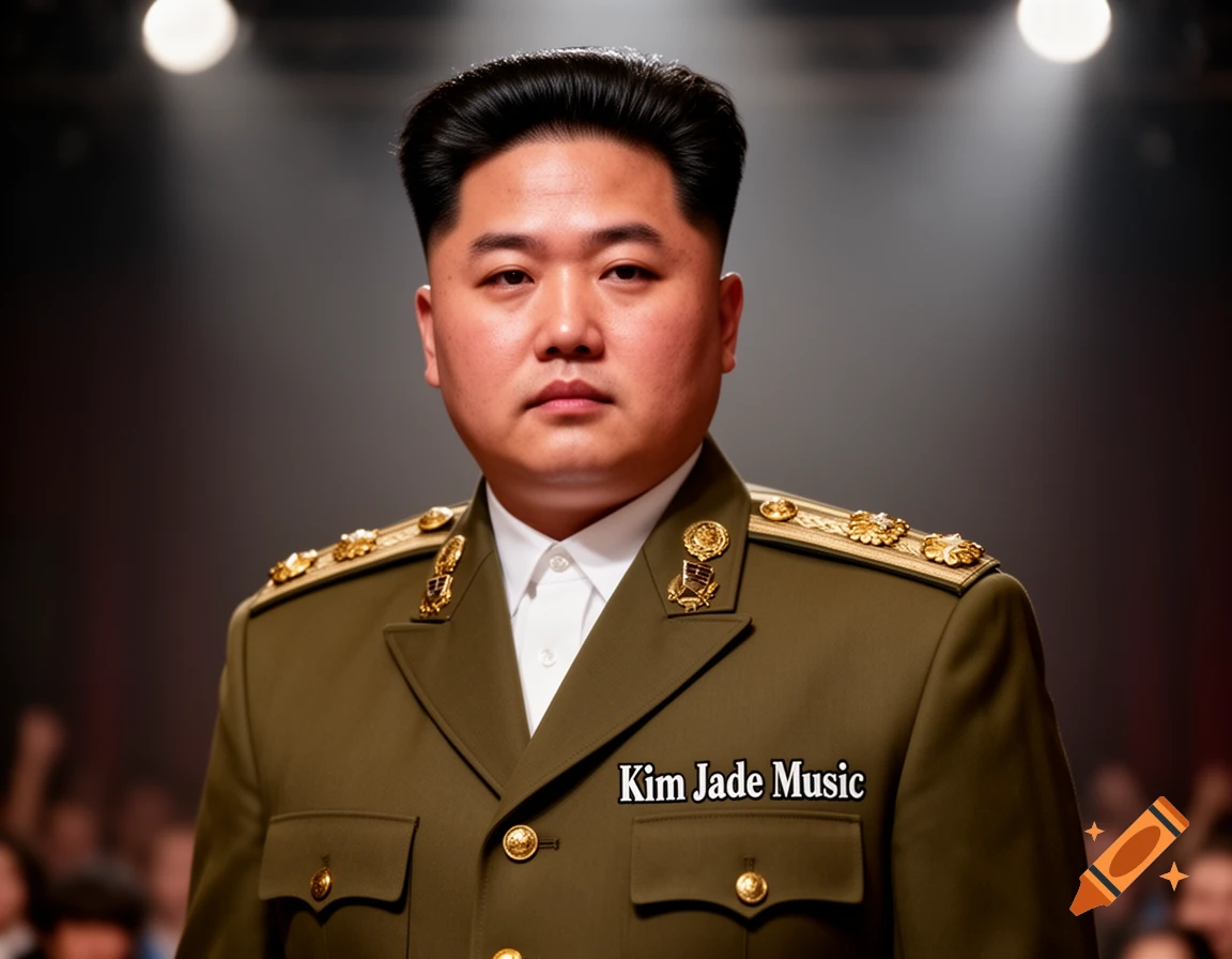 Photorealistic portrait of a man resembling Kim Jong Un in a military uniform with "Kim Jade Music" text on his chest.