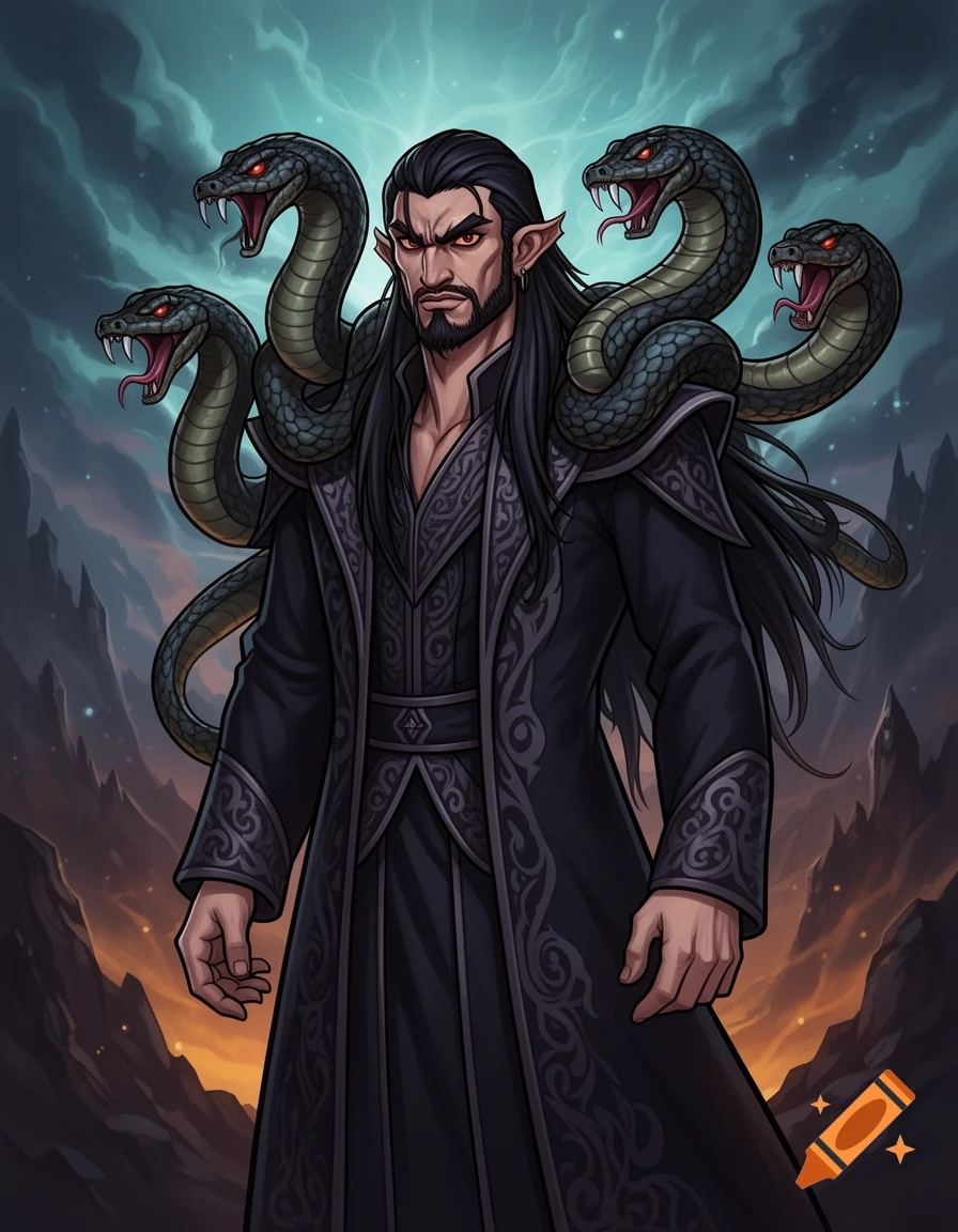 A digital painting of Zahhak, a menacing mythical man with long dark hair, red eyes, and four fanged snakes coiled around his shoulders, wearing dark royal clothing.