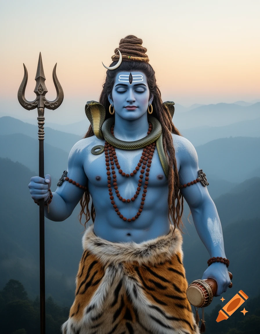 Photorealistic Lord Shiva with blue skin, a trident, drum, and snakes, standing on a mountain at sunset.