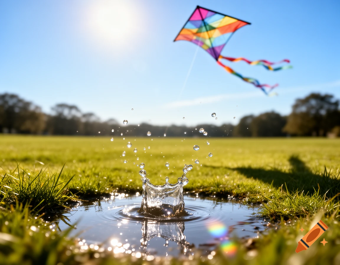 Photorealistic image of a water splash in a grassy puddle under a bright sun, with a colorful kite flying in the blue sky.