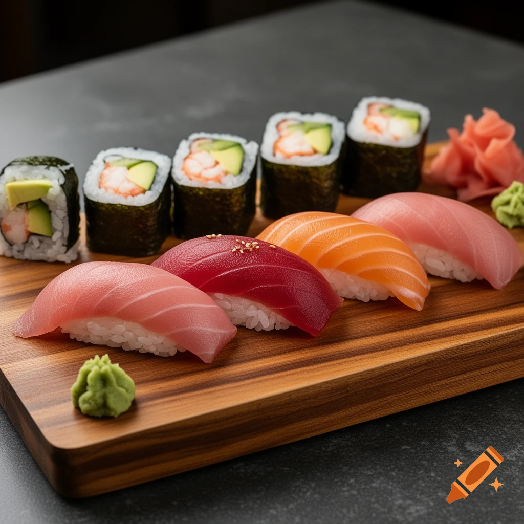 A photorealistic close-up of various sushi and maki rolls with ginger and wasabi on a wooden serving board.