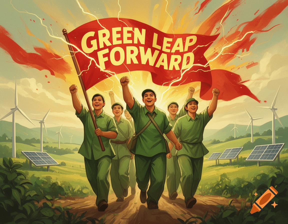 Propaganda art of smiling people in green uniforms, fists raised, carrying a red flag 'GREEN LEAP FORWARD' with wind turbines and solar panels.