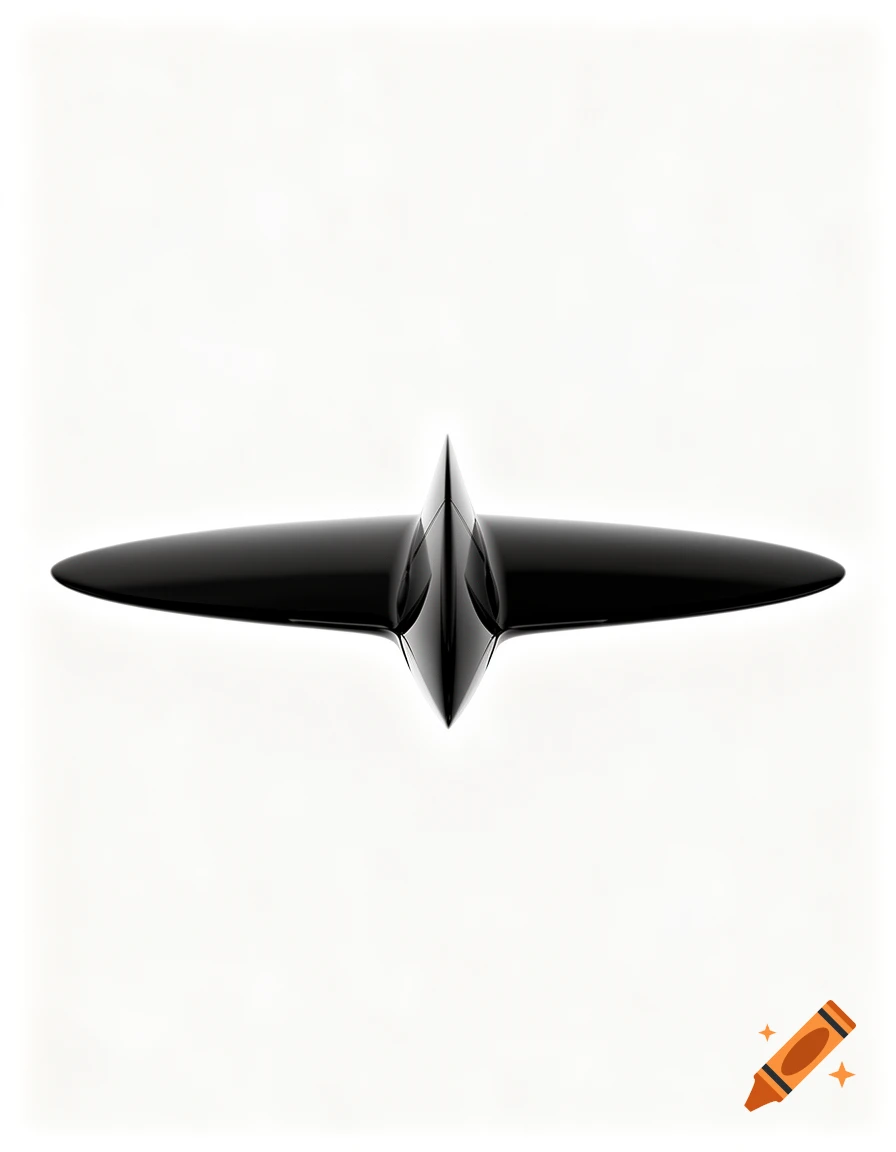Sleek black minimalist spaceship with a central pointed body and wide, flat wings on a white background.