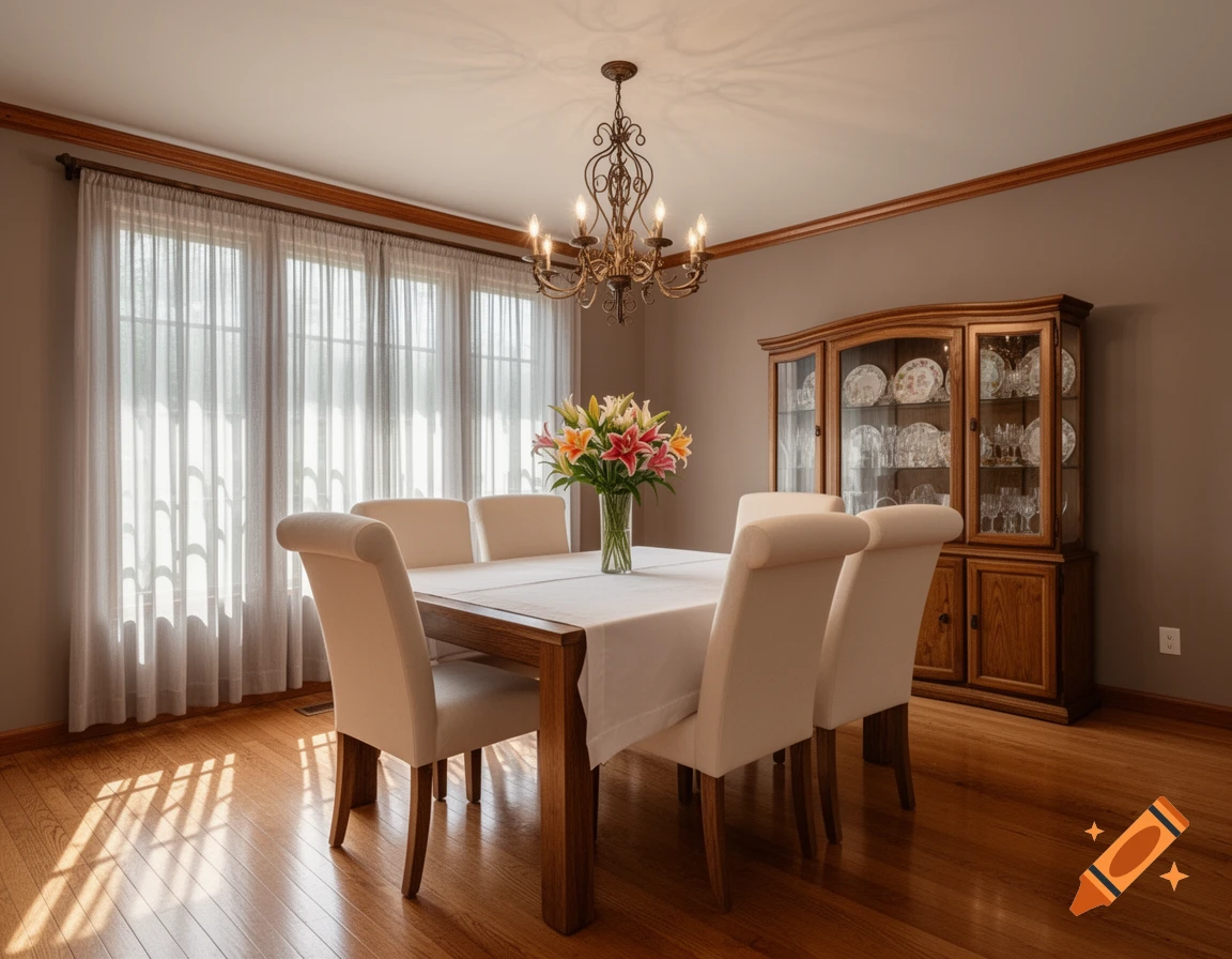 A well-lit, elegantly furnished dining room with a wooden table, white chairs, a flower centerpiece, and a china cabinet.