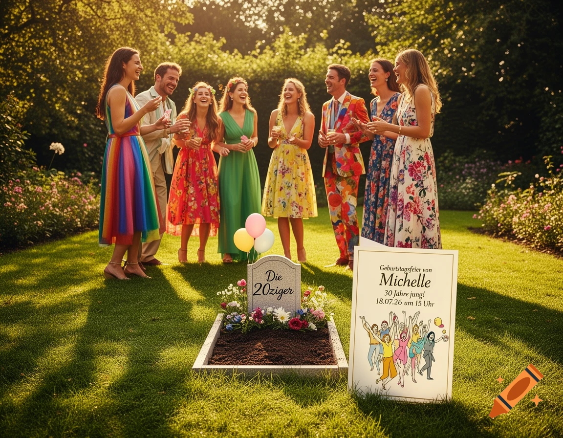 Group of friends laughing at an outdoor birthday party, next to a symbolic grave for 'Die 20ziger' and a birthday invitation.