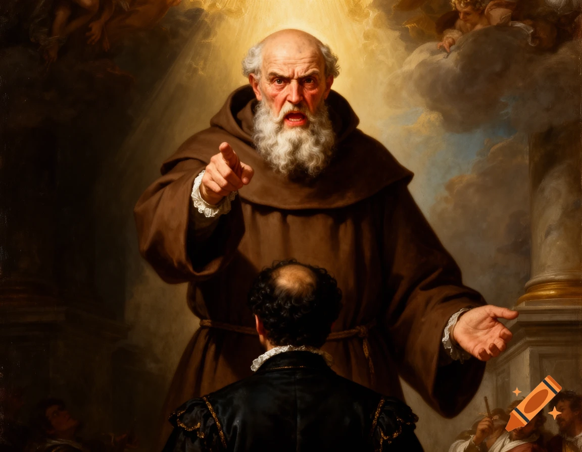 A dramatic Baroque painting shows an old, bearded monk in brown robes sternly pointing at a noble's back, illuminated by divine light.
