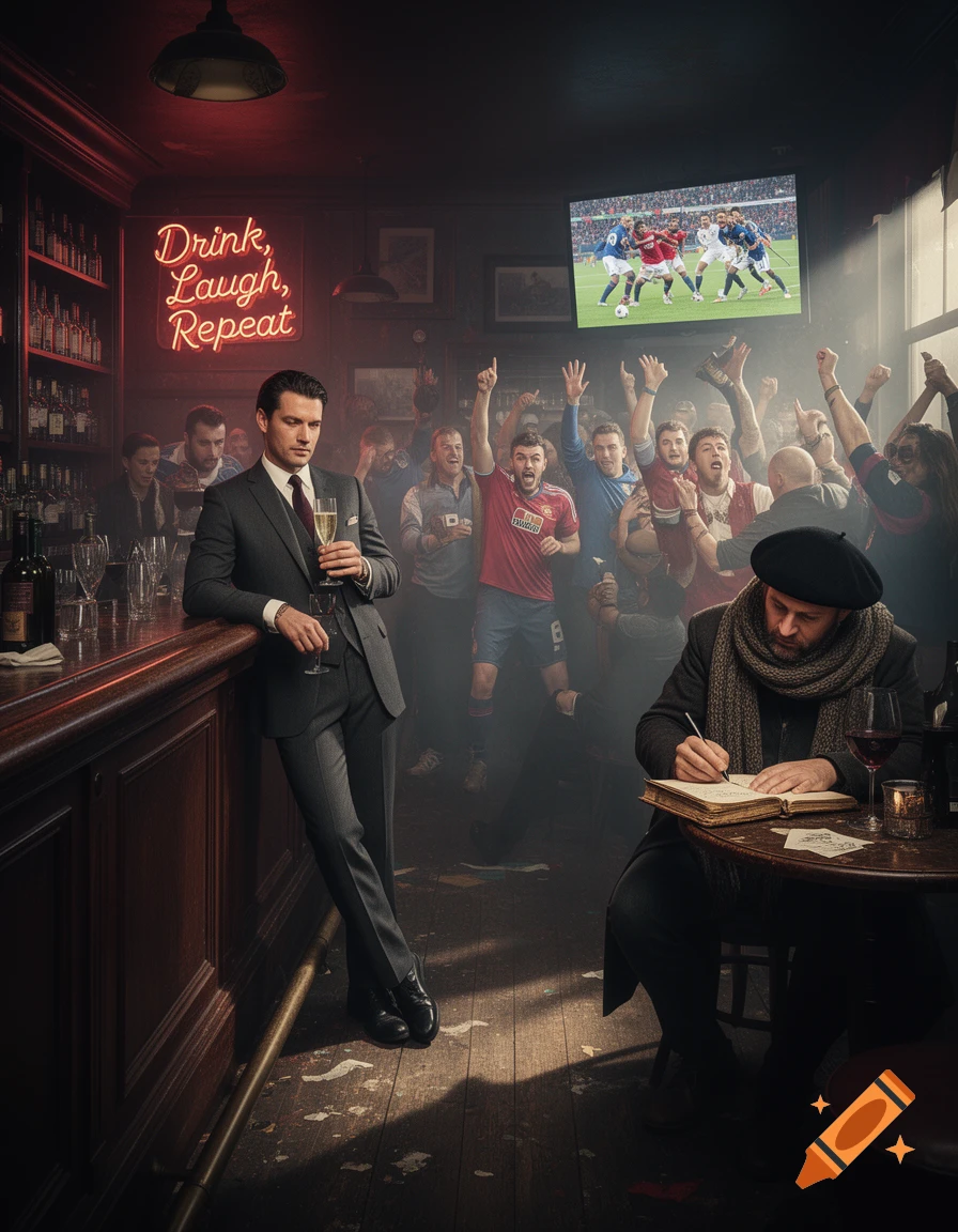 A photorealistic image of a dimly lit bar with a neon sign reading "Drink, Laugh, Repeat". A man in a suit sips champagne at the bar, while a boisterous crowd watches a soccer game on a large TV. Another man writes in a book at a nearby table.