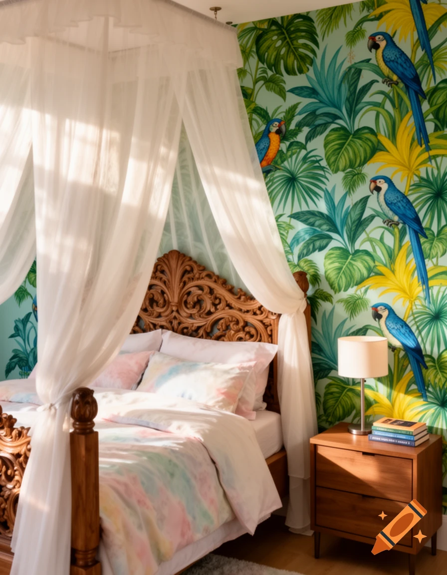 A bedroom with an ornate wooden canopy bed and pastel bedding. The wall is covered in vibrant tropical wallpaper with green leaves, yellow plants, and blue parrots. A nightstand with a lamp sits beside the bed.