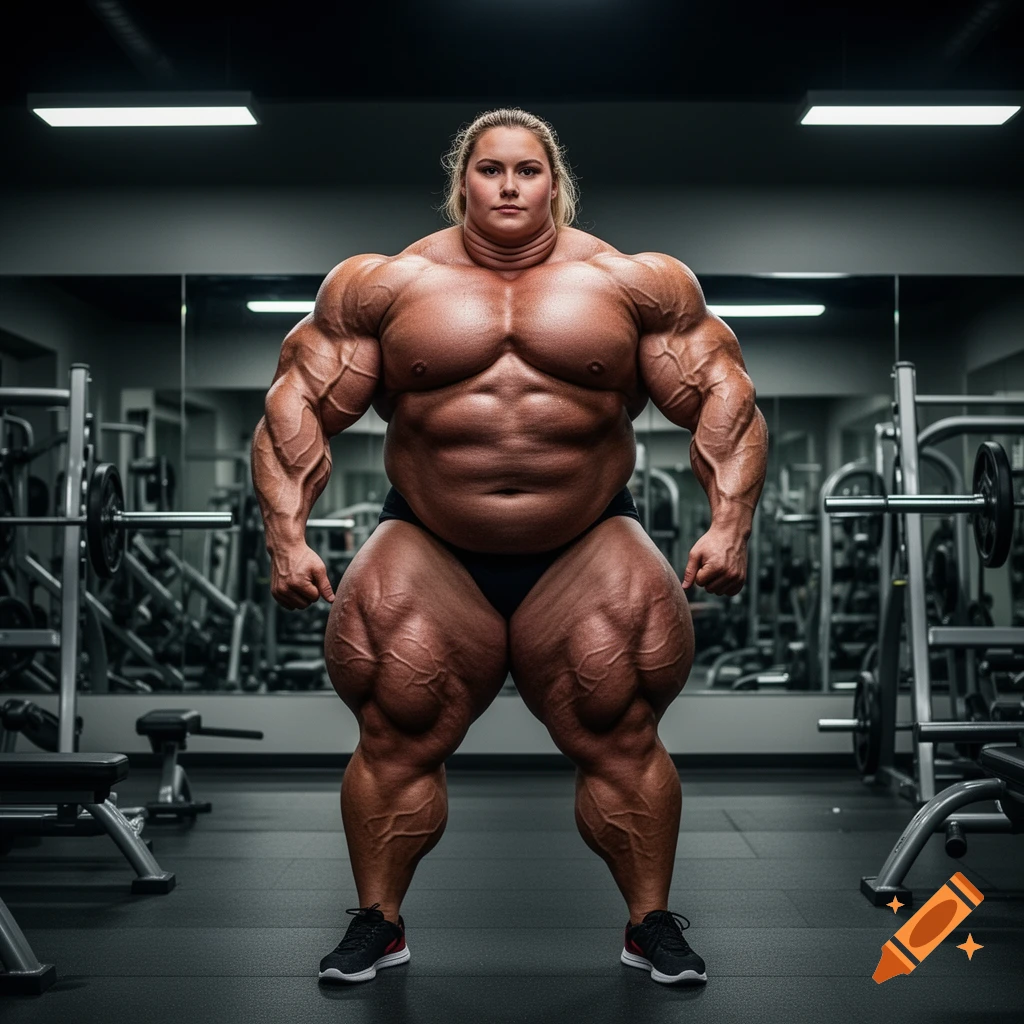 A massively muscular female bodybuilder with an exaggerated physique and prominent veins stands in a gym.