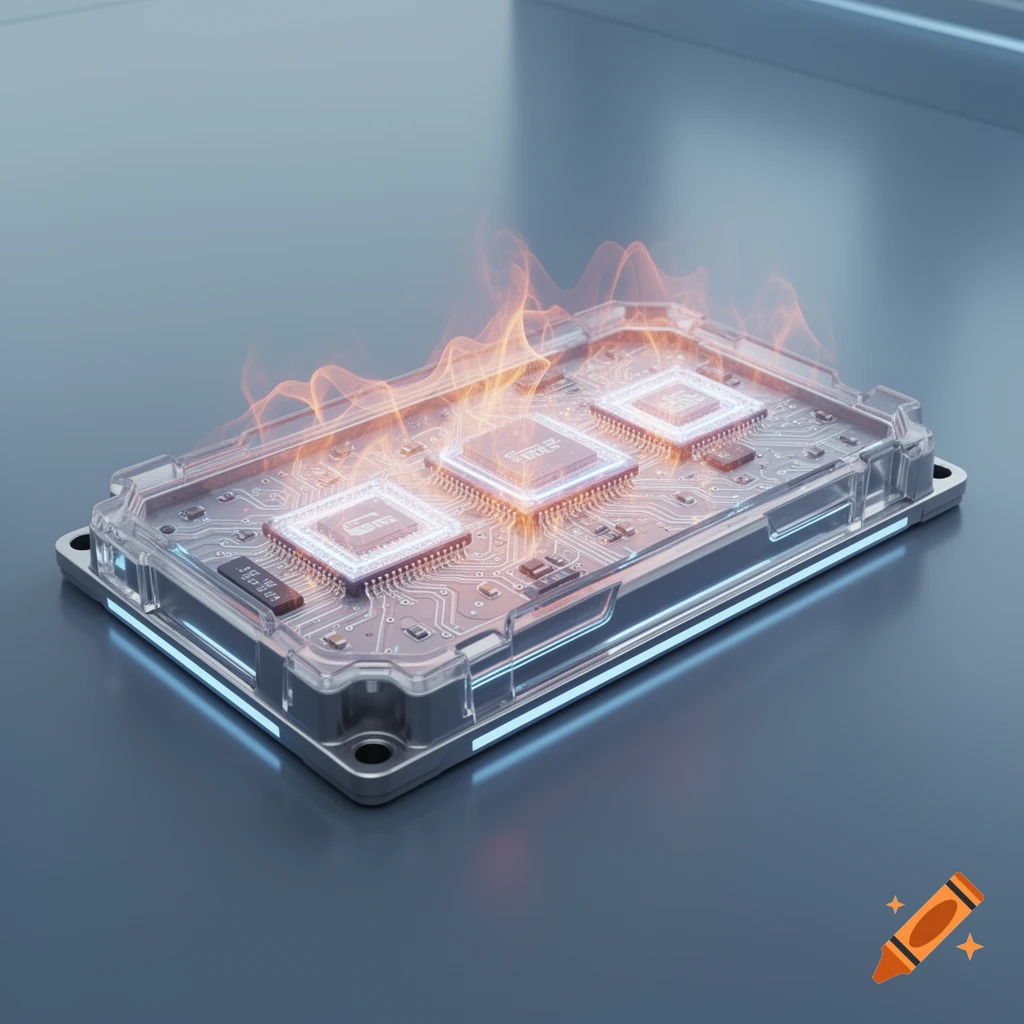 Photorealistic render of an electronic power module with three illuminated chips generating heat and orange flames.