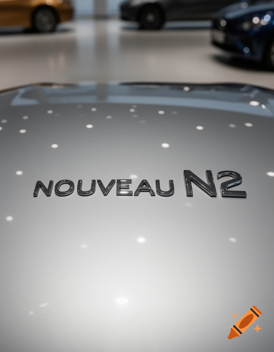 Close-up of a silver car's hood with 'NOUVEAU N2' emblem, reflecting showroom lights.