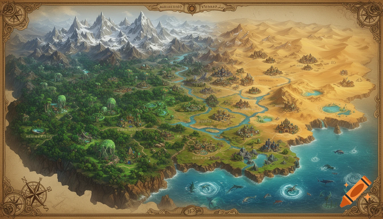 An intricately detailed fantasy world map depicting diverse biomes from snowy mountains to deserts, with rivers, forests, and settlements, in an illustrative style.