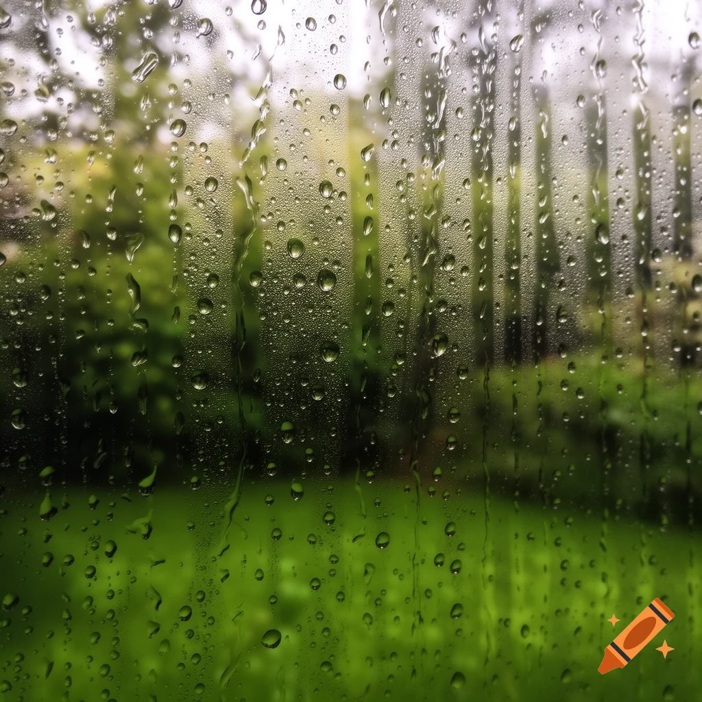 Raindrops and condensation on a window pane, blurring a lush green outdoor landscape.