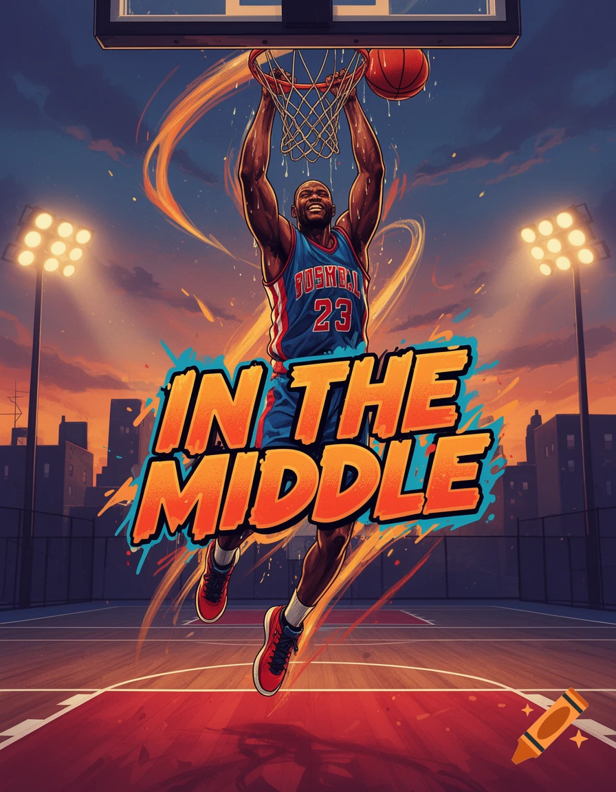 A vibrant, comic-style illustration of a male basketball player dunking the ball with text 'IN THE MIDDLE' against a city skyline.
