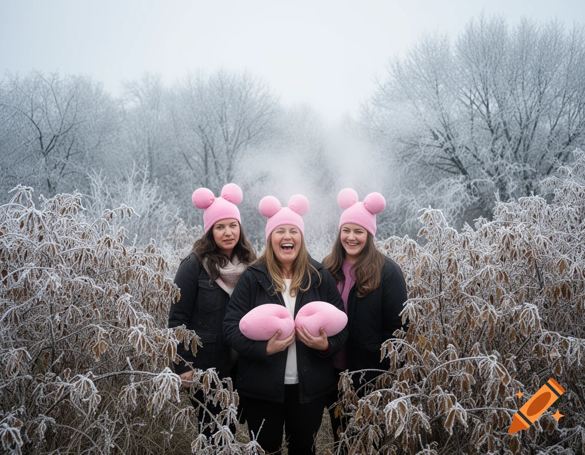 Three women in a frosty winter landscape, wearing pink hats with large pom-poms. The middle woman holds two pink, breast-shaped pillows.