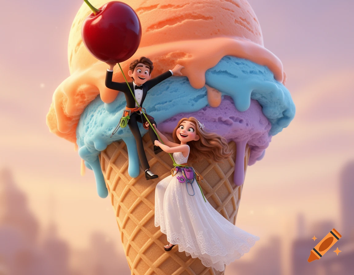 A cute 3D Pixar-style animated wedding couple climbs a giant multi-scoop ice cream cone with a cherry on top.