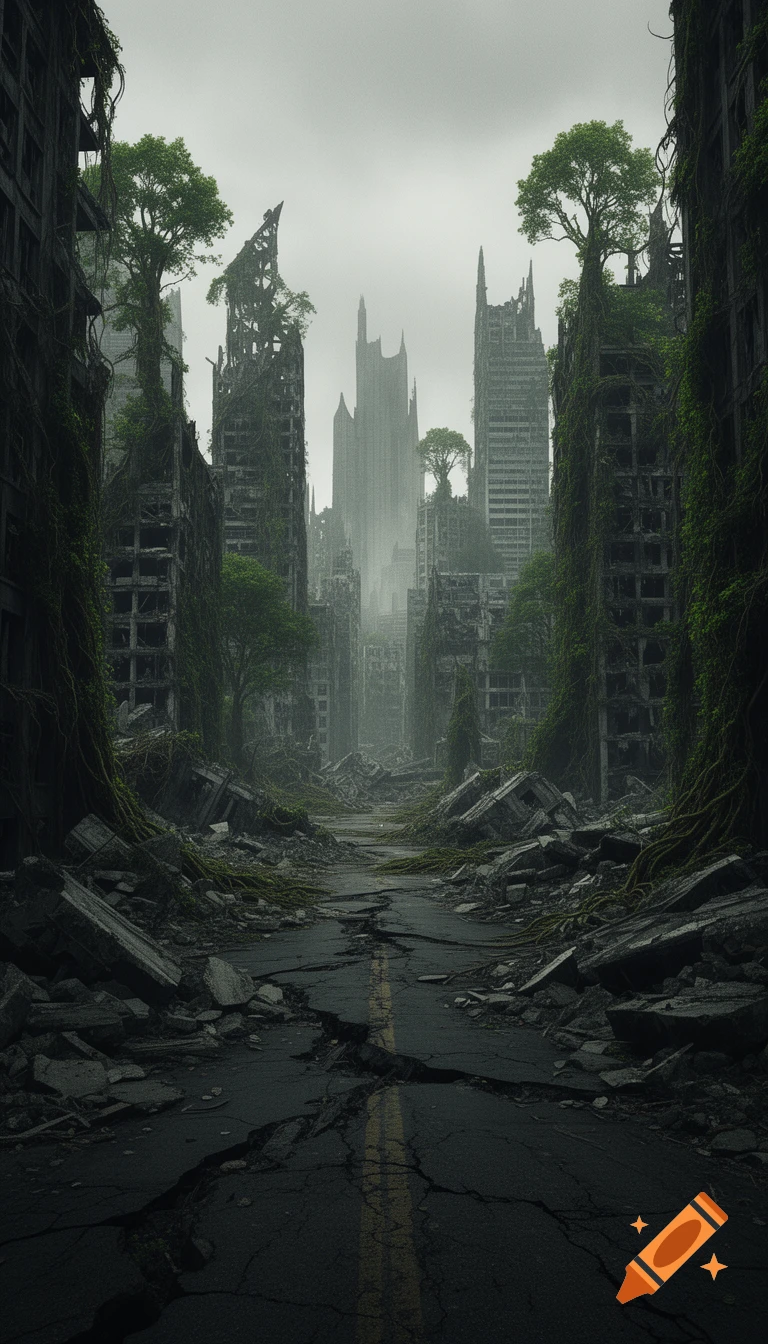 A realistic post-apocalyptic cityscape with crumbling buildings engulfed by trees and vines, and a cracked road under a dramatic, foggy sky.