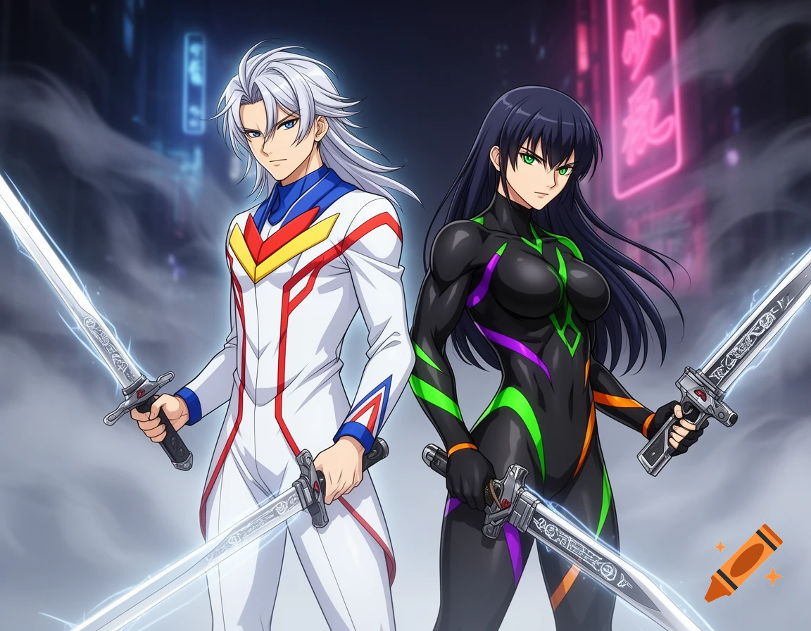 An anime-style image of a white-haired man in a white and colored suit with two swords, next to a black-haired woman in a black, green, purple, and orange bodysuit with two swords.