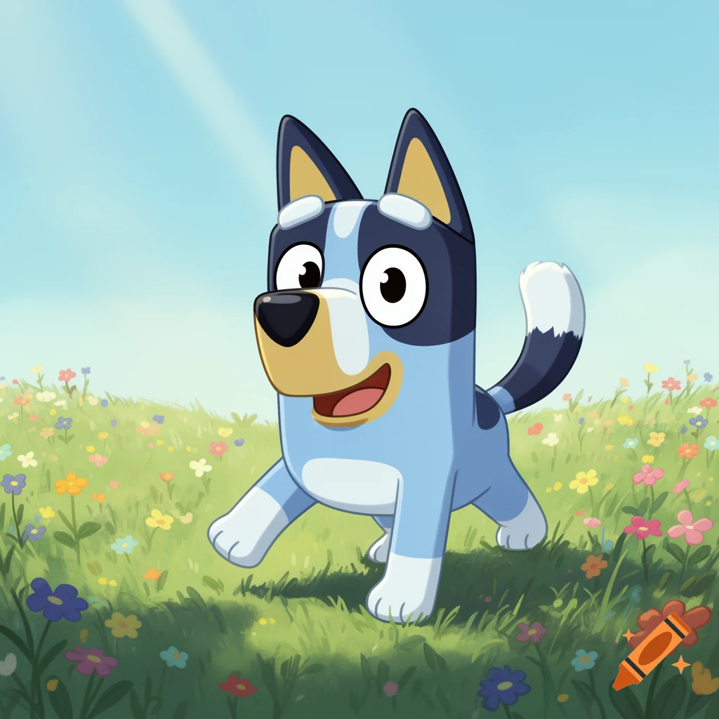 A blue cartoon dog with a happy expression, resembling Bluey, runs through a vibrant green field dotted with colorful wildflowers under a clear sky.