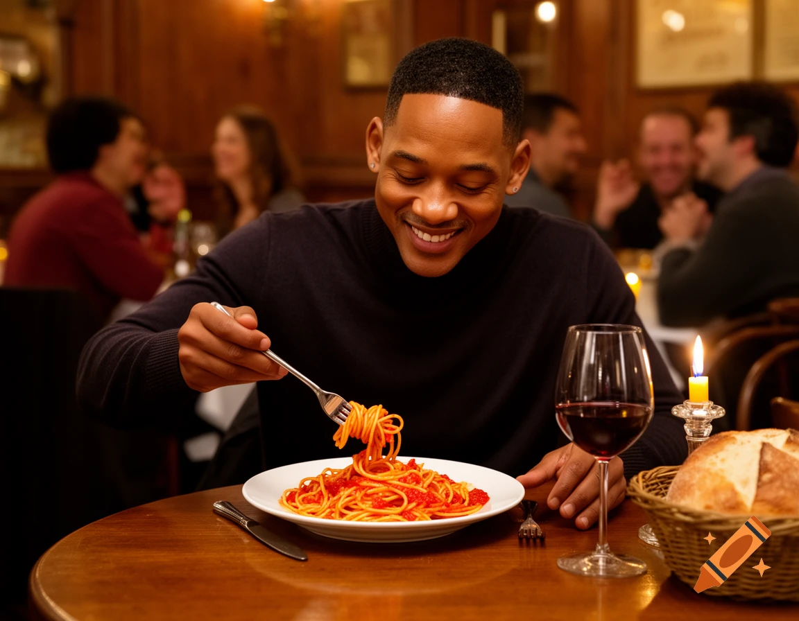Will Smith smiles while twirling spaghetti on a fork from a plate in a warmly lit restaurant, with a glass of red wine and bread nearby.