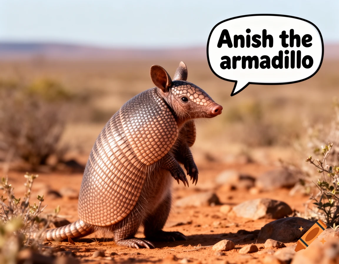 A photorealistic armadillo stands in a desert landscape, with a speech bubble saying "Anish the armadillo".