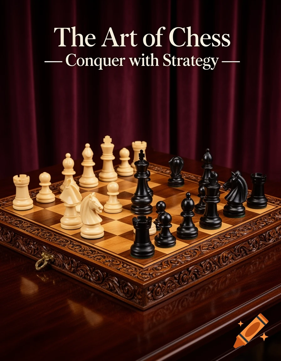 A detailed wooden chess set with black and white pieces on a polished table, against a red curtain. Text: "The Art of Chess - Conquer with Strategy".