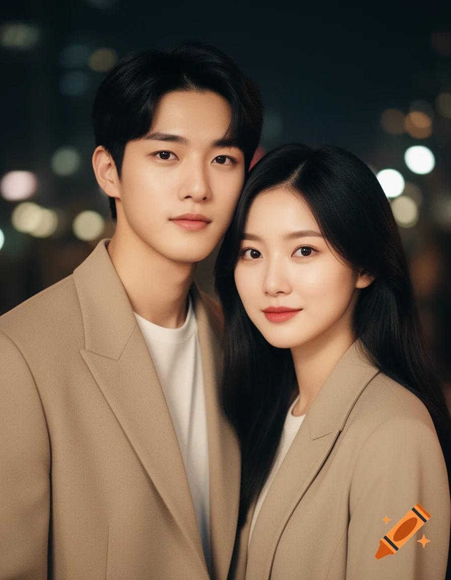 A photorealistic portrait of a young Korean couple, a man and a woman, wearing beige blazers, against a blurry city lights background.
