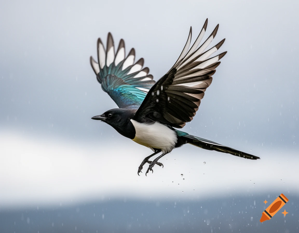 A photorealistic magpie spreads its wings, flying through a cloudy sky as light rain falls.