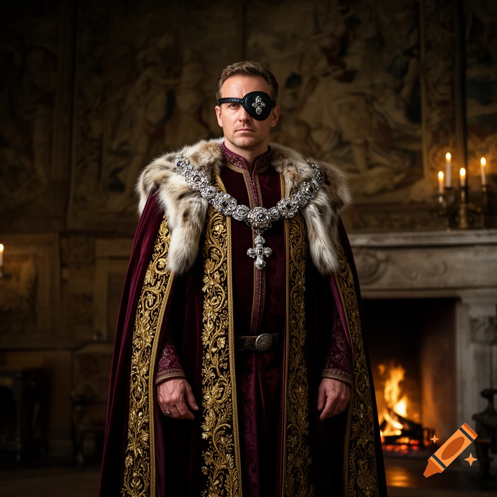 A king in a luxurious red and gold robe with a fur collar and jeweled chain, wearing an eye patch, stands in a grand hall.