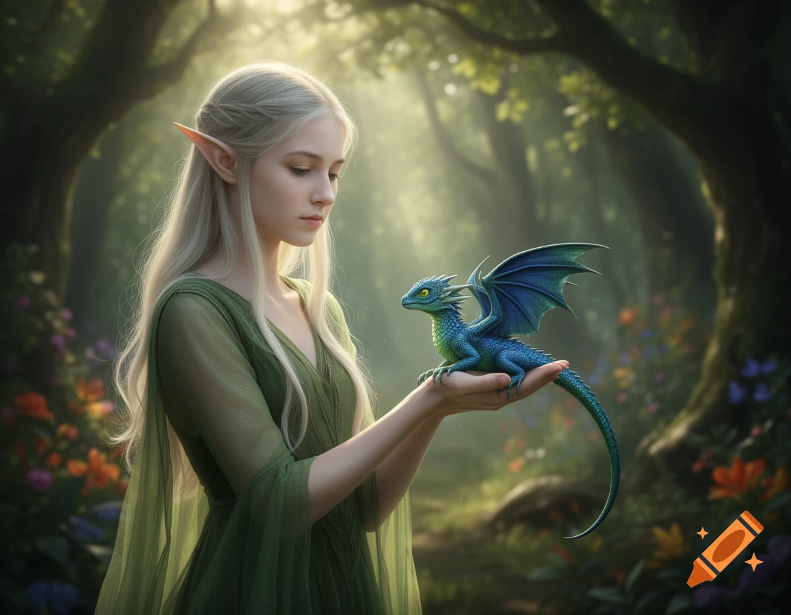 A serene elf in a green dress holds a small blue dragon in her hands, looking at it in an enchanted forest with sunlight.