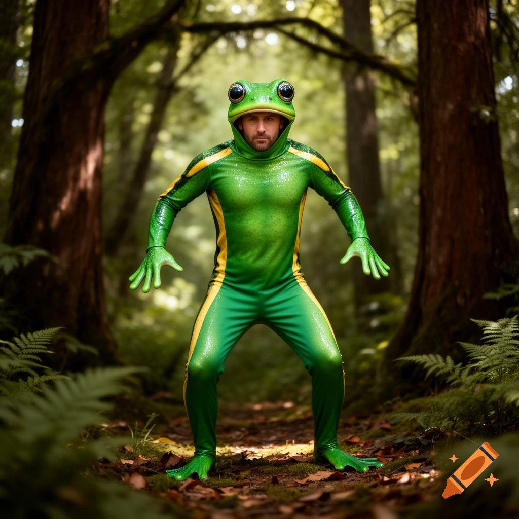 A man in a vibrant green and yellow frog costume stands on a forest path, looking directly at the viewer.