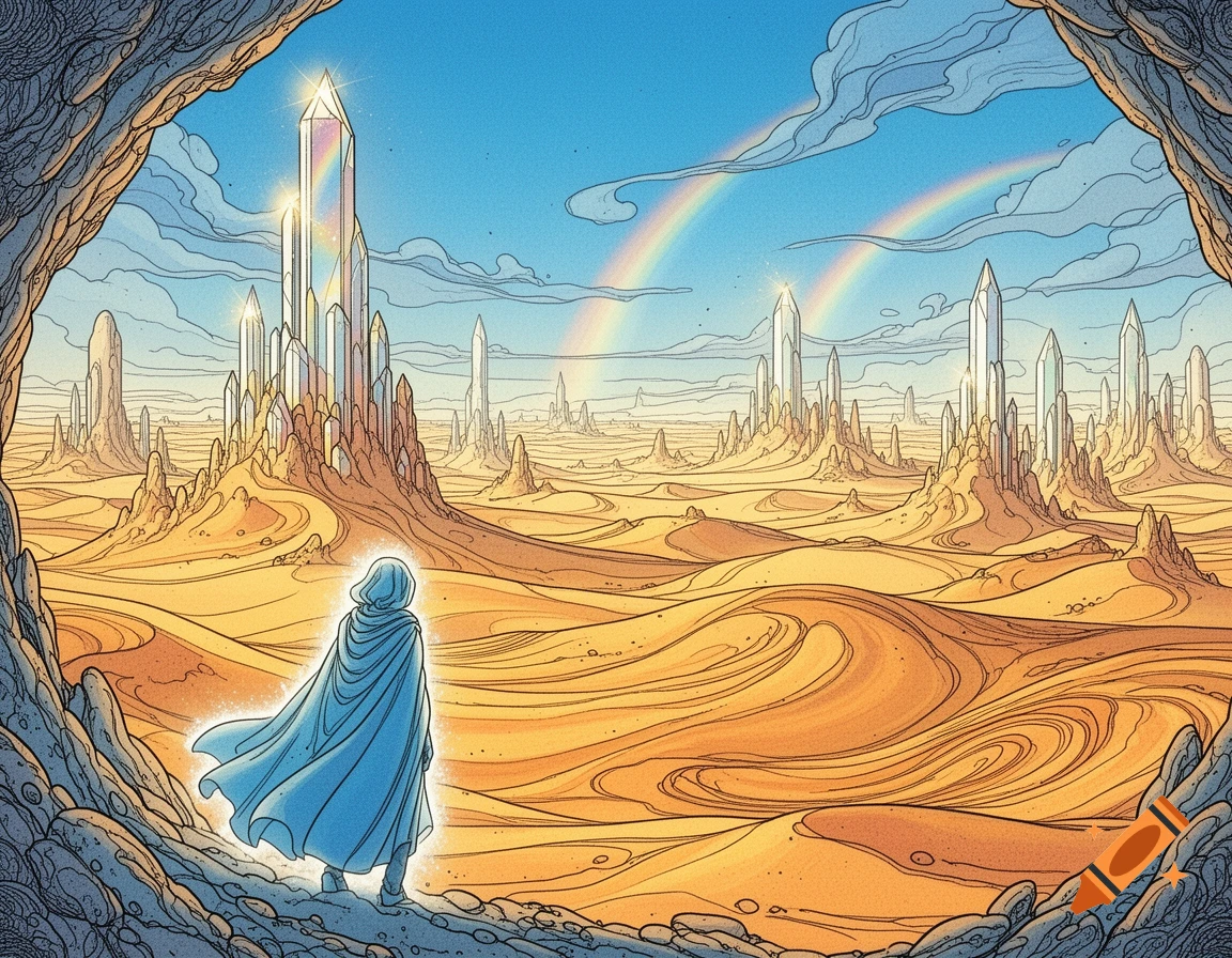 A hooded figure stands in a cave opening, looking out at a desert landscape with towering crystal spires and double rainbows in a comic book style.