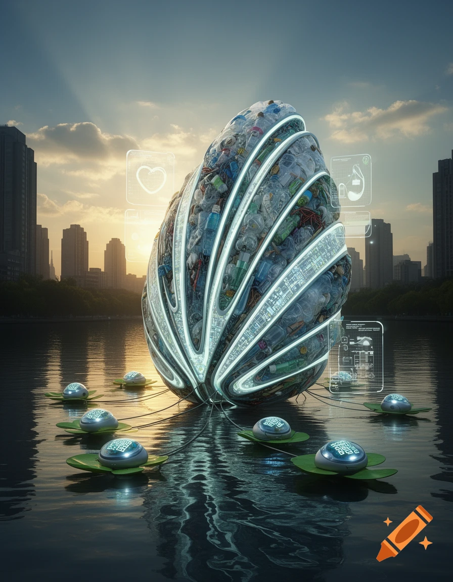 A futuristic, teardrop-shaped device made of recycled plastics and glowing lines, floating in a city river at sunset, with holographic displays and smaller connected devices.