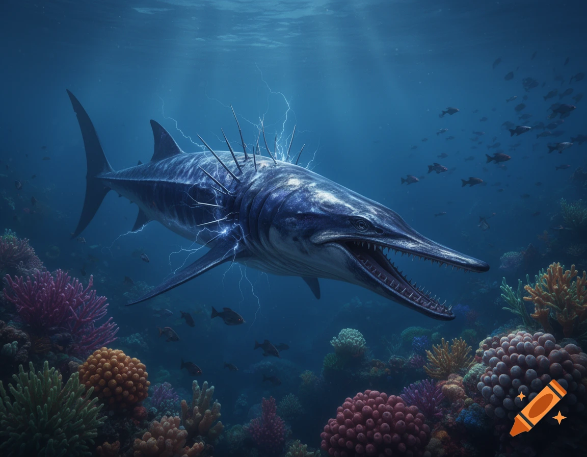 A large, menacing electric ampeel with sharp teeth and glowing prongs swims through a vibrant coral reef, surrounded by colorful corals and smaller fish.