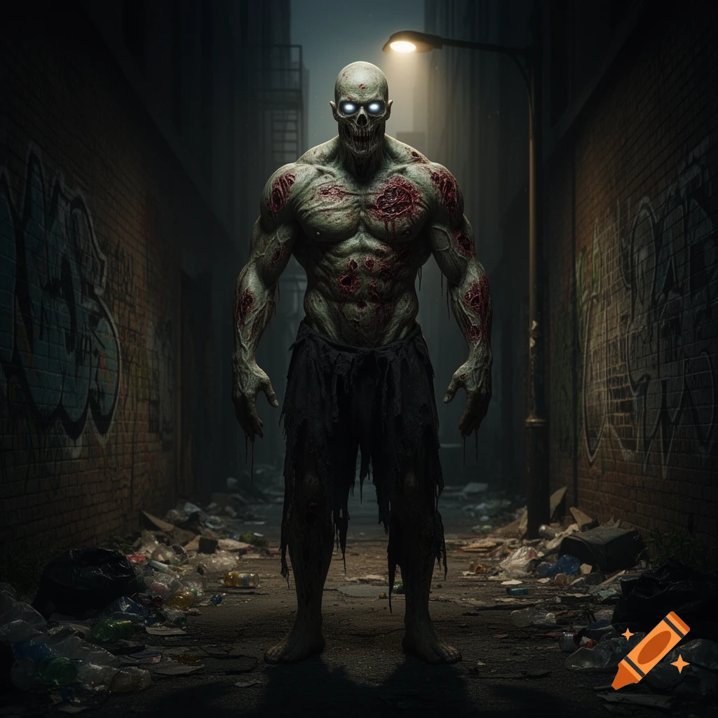 A muscular zombie with glowing eyes and visible wounds stands in a dark, trash-filled alley illuminated by a streetlamp, photorealistic style.