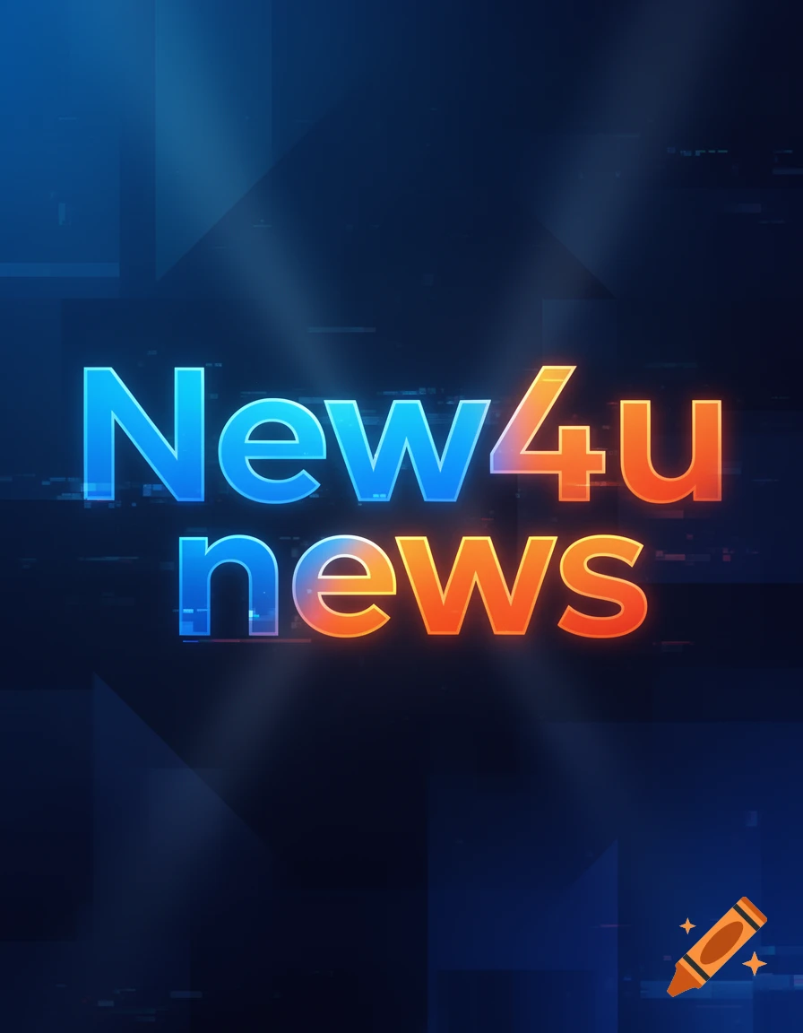 A vibrant, glowing digital logo for "New4u news" in blue and orange text on a dark blue, abstract background.